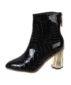 ショートブーツ | 大きいサイズレディース ポインテッドトゥ チャンキーヒール 柄 太ヒール バックファスナー 27cm ミドルヒール シューズ ブーツ 黒ブーツ