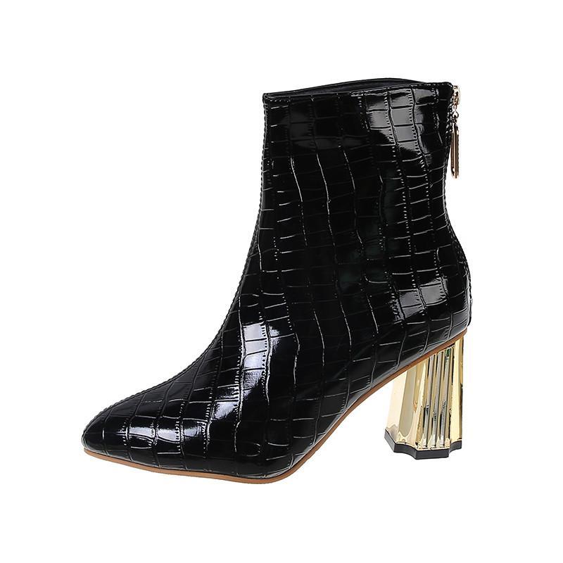 ショートブーツ | 大きいサイズレディース ポインテッドトゥ チャンキーヒール 柄 太ヒール バックファスナー 27cm ミドルヒール シューズ ブーツ 黒ブーツ