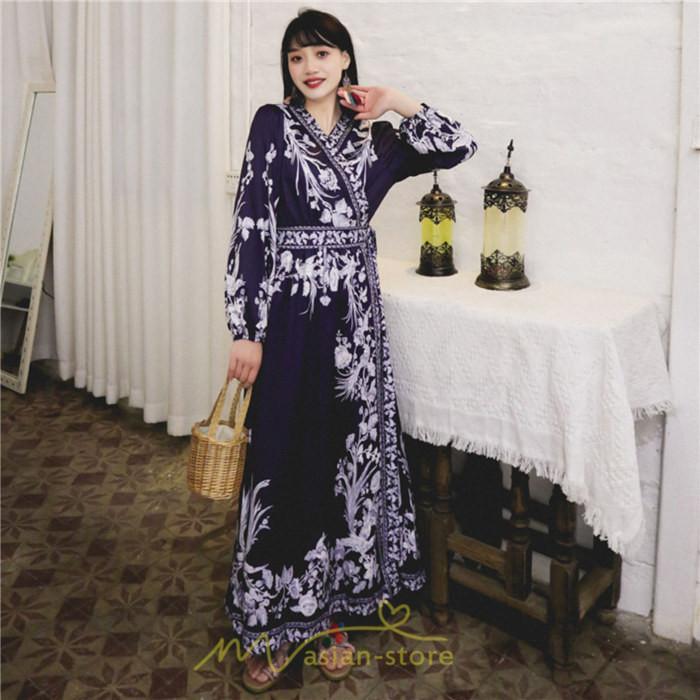マキシ | マキシワンピース ロングワンピース レディース 夏 秋 長袖 紺 ゆったり Aライン 花柄プリント きれいめ リゾート 大人 20代 母 40代 同窓会 二次会 ママ 30代