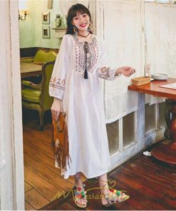 マキシ | ワンピース レディース 刺繍 綿麻 レトロ調 インスタ映え ナチュラル エスニック風 民族風 ボヘミアン 撮影 リゾート 柔らかい ウエストリボン長袖 イベント