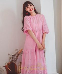 マキシ | ワンピース レース 丸首 刺繍 ロングワンピース レディース 夏秋 結婚式 きれいめ フォーマル 大人 上品 綿麻 白 黄色 コットン ピンク かわいい リネン