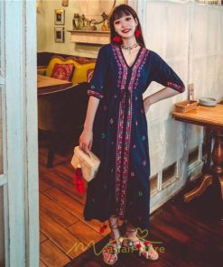 マキシ | ワンピース レディース コットン リゾート かわいい 五分袖 Ｖネック 花柄 上品 ロング丈 ファッション エスニック風 体型カバー お呼ばれ 二次会 民族風 披露宴