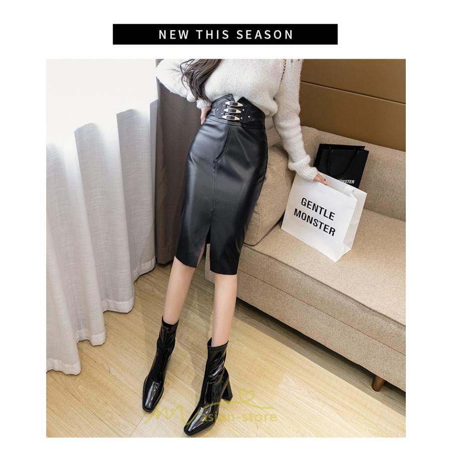 スカート | タイトタイト ロングレディース ロング丈 ひざ下 ハイウエスト レザースリット オシャレ 着痩せ かっこいい 高見え キレイめ