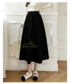 スカート | ロングミモレ丈 Aラインフレアビロードウエストゴム ハイウエスト 秋冬 無地 ゆったり 大人 通学通勤 エレガント