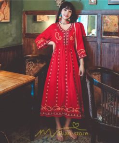 マキシ | 七分袖ワンピース Vネック ロング丈ワンピース エスニック ボヘミアン レディース 夏秋 綿麻 きれいめ フォーマル キレイめ 上品 ゆったり 大人 体型カバー