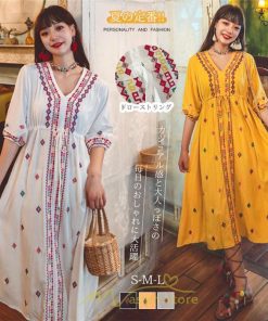 マキシ | ワンピース レディース コットン リゾート かわいい 五分袖 Ｖネック 花柄 上品 ロング丈 ファッション エスニック風 体型カバー お呼ばれ 二次会 民族風 披露宴