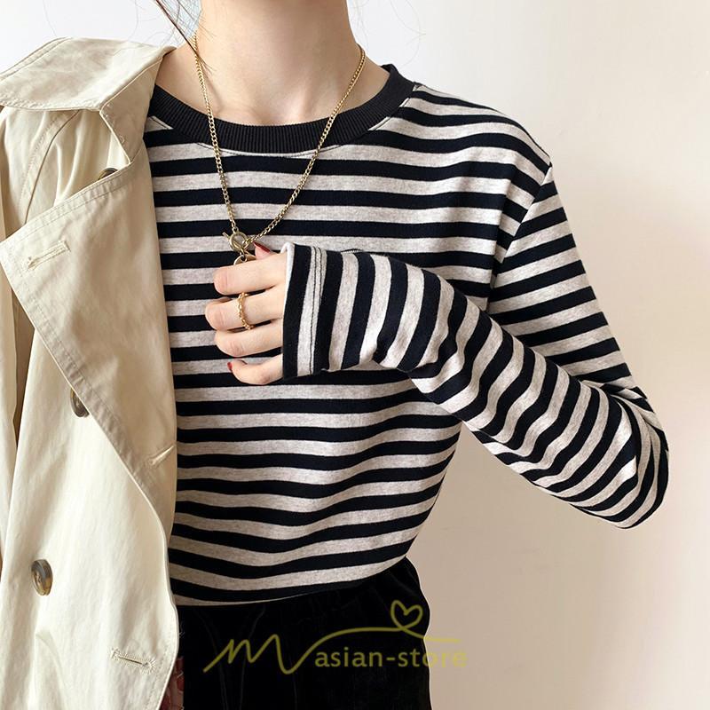 tシャツ・カットソー | 春物 レディース Tシャツ カットソー 長袖 トップス 綿 ボーダー シンプル プルオーバー リブ 柔らか 美ライン スリム ストレッチ 丸ネック 微伸縮 20代30代