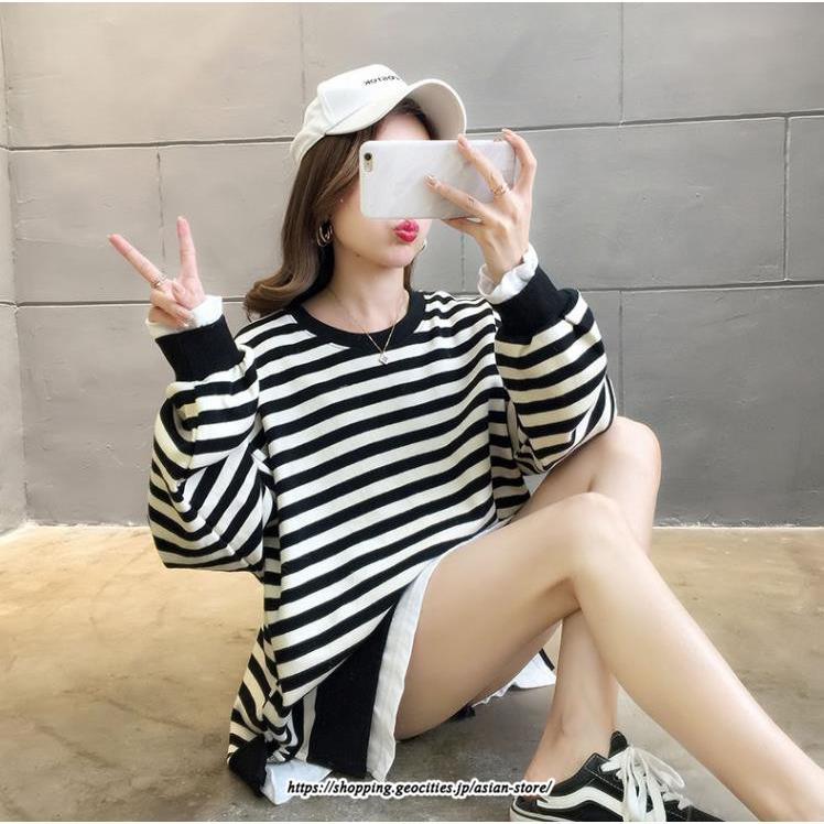 パーカー | 重ね着風トレーナー レディース 長袖 トップス カジュアル スウェット ボーダー柄 ゆったり トレーナー トップス 切り替え 可愛い きれいめ レイヤード風