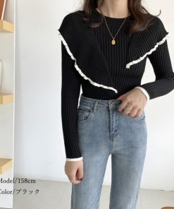 ニット・セーター | 秋冬 スリムフィット フリルトップス長袖 フレア ニットセーター ニットソー リブニットトップス レディース モックネック