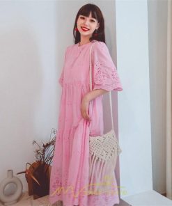 マキシ | ワンピース レース 丸首 刺繍 ロングワンピース レディース 夏秋 結婚式 きれいめ フォーマル 大人 上品 綿麻 白 黄色 コットン ピンク かわいい リネン
