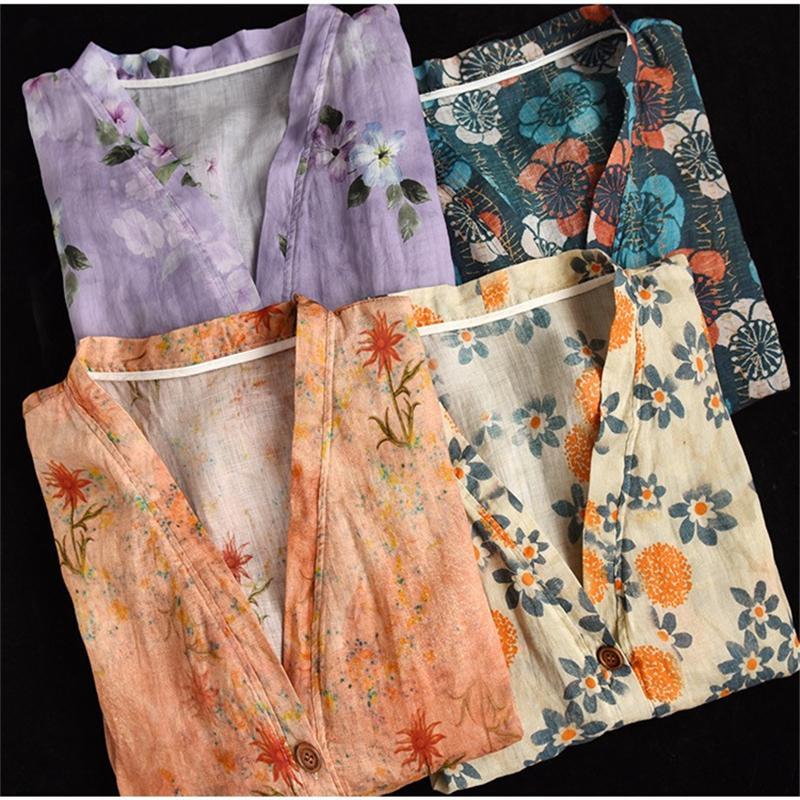 カーディガン | 麻混 レディース 花柄 初秋 リネン カジュアル Vネック 長袖 羽織 きれいめ 春 夏 秋 薄手 おしゃれ 40代50代 ゆったり 20代30代 大きいサイズ