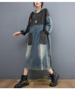 デニムワンピース | ワンピース デニム レディース 40代 ロング チュニック 長袖 ゆったり 体型カバー フード付き ポケット 切り替え 大きいサイズ