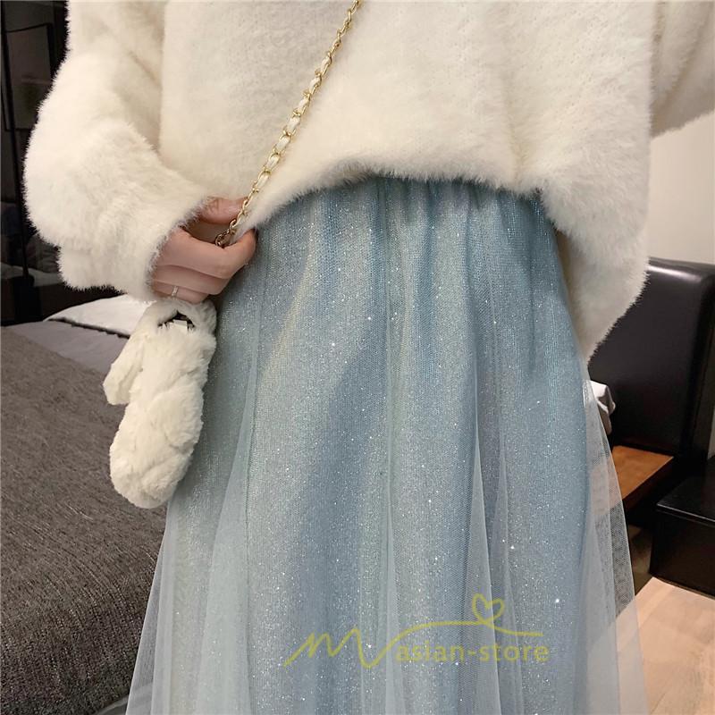 スカート | チュール秋冬 チュールフレアロングキラキラ ふんわり ウエストゴム レディース Aラインミモレ丈可愛 キレイめ ボトムス