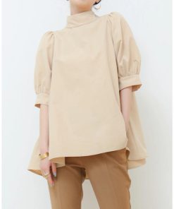 シャツ・ブラウス | ブラウス レディース 半袖 パフスリーブ ノーカラー ハイネック リボン 後ろリボン フォーマル 春夏 2way フレア 20代30代40代50代 通勤通学 蝶結び エレガント