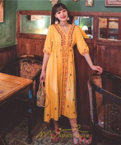 マキシ | ワンピース レディース コットン リゾート かわいい 五分袖 Ｖネック 花柄 上品 ロング丈 ファッション エスニック風 体型カバー お呼ばれ 二次会 民族風 披露宴