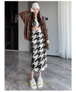 スカート | ロング 春秋冬 レディース ミモレ丈 ウエストゴム ハイウエスト Aライン 無地 きれいめ 大人 千鳥格柄 高見え 人気 SNS映え かっこいい 個性的