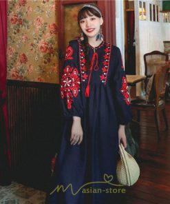 マキシ | 花柄ワンピース 丸首 リゾート ワンピース レディース 長袖 夏秋 ロング丈 マキシ丈 大人 上品 刺繍 綿麻 二次会 女子会 旅行 お出かけ コットン バカンス