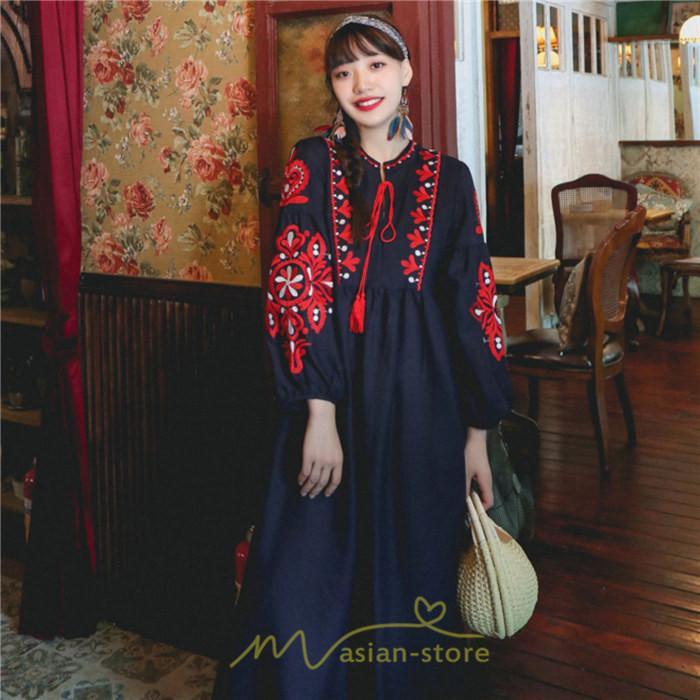 マキシ | 花柄ワンピース 丸首 リゾート ワンピース レディース 長袖 夏秋 ロング丈 マキシ丈 大人 上品 刺繍 綿麻 二次会 女子会 旅行 お出かけ コットン バカンス