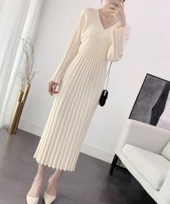 ワンピース | ニット秋冬 レディース ミモレワンピ きれいめ 膝丈下 Vネック フェミニン 長袖リブニット