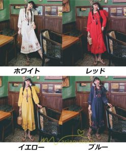 マキシ | ロングワンピース 長袖 花柄 フレア エスニック風 民族風 レトロ調 刺繍 綿麻 リゾート 旅行 レジャー お出かけ 外出 華奢魅せ 着痩せ 女子会 Vネック 同窓会