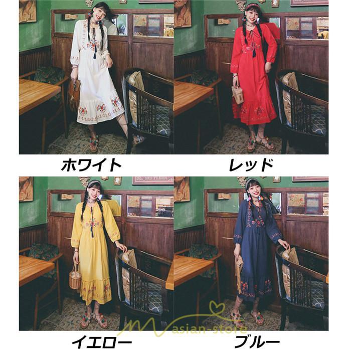 マキシ | ロングワンピース 長袖 花柄 フレア エスニック風 民族風 レトロ調 刺繍 綿麻 リゾート 旅行 レジャー お出かけ 外出 華奢魅せ 着痩せ 女子会 Vネック 同窓会