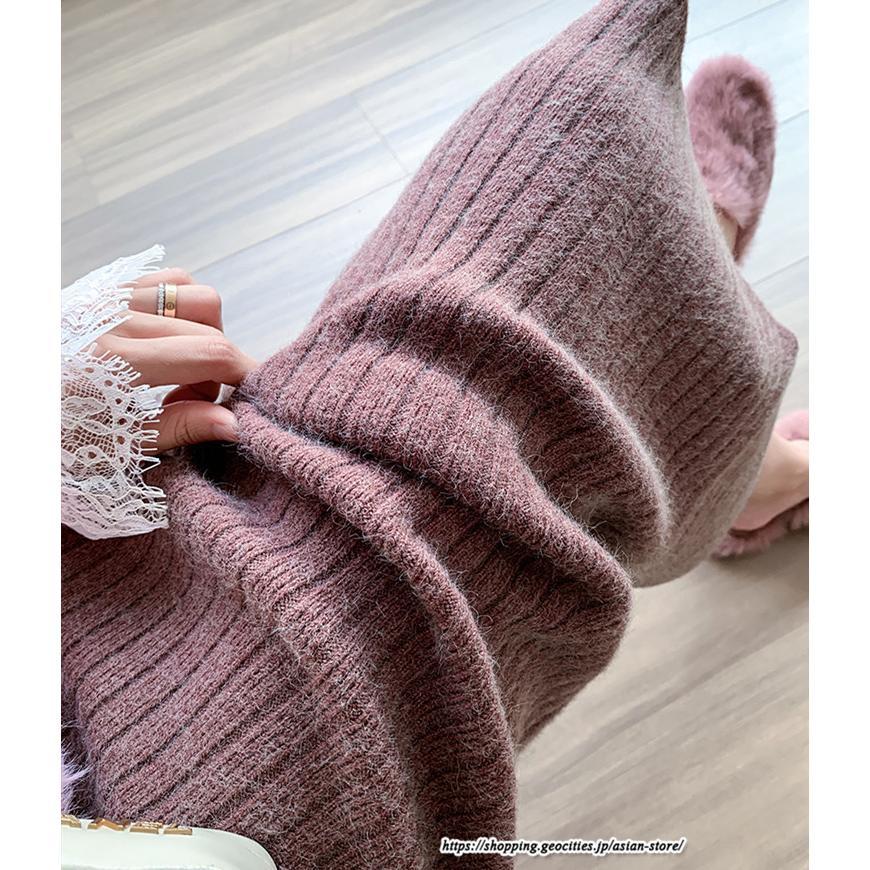 スカート | ニットストレッチレディース 秋冬 ロング丈 ミモレ丈 後ろスリット入れ タイトウエストゴム スリム リブニット 大人