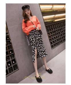 スカート | ロング 秋 冬 Aライン ロング丈 ハイウエスト ヒョウ柄 かっこいい セクシー  スリット ニット 韓国風 高見え デート おでかけ 2022新作 女子会 細見え