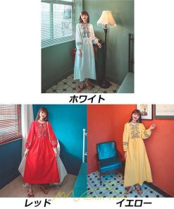 マキシ | ワンピース 長袖 ハイウエスト 綿麻 コットン リネン ロング ロング丈 Aライン ワンピ レディース 着痩せ 体型カバー 丸首 白 黄色 赤 通勤 Vネック 刺繍