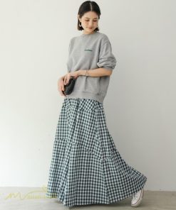 スカート | ロング夏新作 フレア切り替え チェック柄 20代30代 大人 40代50代 可愛い 60代 ゆったり 広い裾 ウエストゴム 6色 春 ダンス舞台 綿 春夏 秋