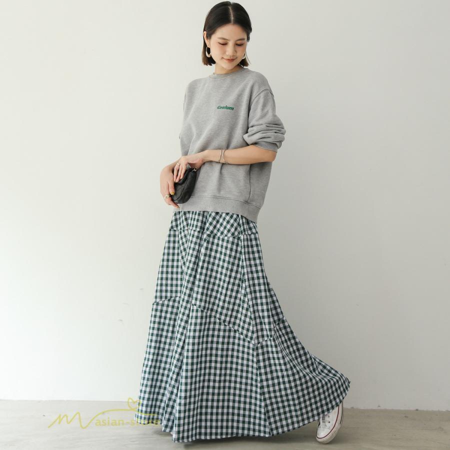 スカート | ロング夏新作 フレア切り替え チェック柄 20代30代 大人 40代50代 可愛い 60代 ゆったり 広い裾 ウエストゴム 6色 春 ダンス舞台 綿 春夏 秋