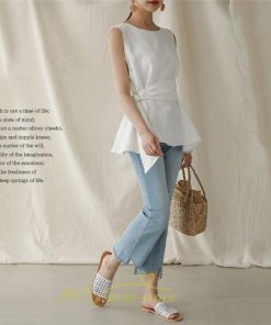 シャツ・ブラウス | ブラウス トップス ノースリーブ レディース tシャツ タンクトップ ベルト付き 広い裾 フレア裾 涼しい 涼感 体型カバー ゆったり 綿麻 夏 おしゃれ 大人 無地