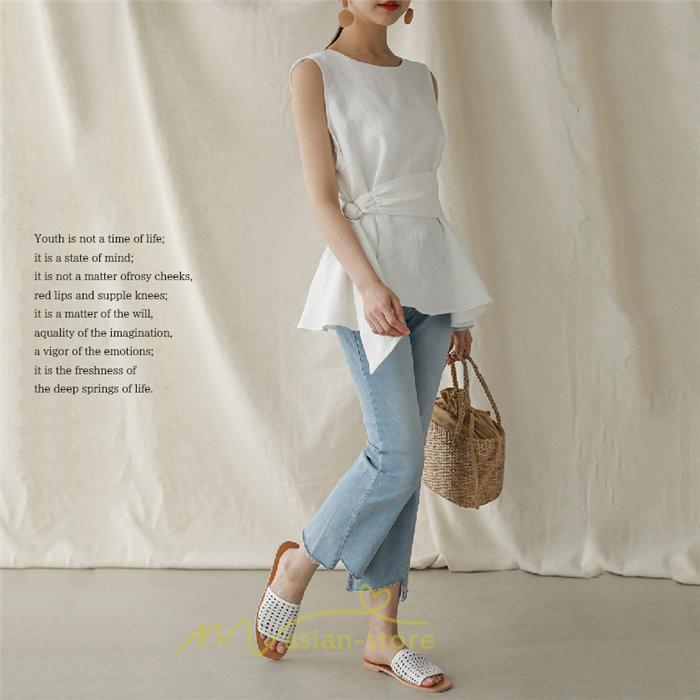 シャツ・ブラウス | ブラウス トップス ノースリーブ レディース tシャツ タンクトップ ベルト付き 広い裾 フレア裾 涼しい 涼感 体型カバー ゆったり 綿麻 夏 おしゃれ 大人 無地