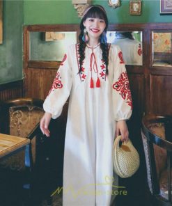 マキシ | 花柄ワンピース 丸首 リゾート ワンピース レディース 長袖 夏秋 ロング丈 マキシ丈 大人 上品 刺繍 綿麻 二次会 女子会 旅行 お出かけ コットン バカンス