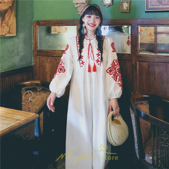 マキシ | 花柄ワンピース 丸首 リゾート ワンピース レディース 長袖 夏秋 ロング丈 マキシ丈 大人 上品 刺繍 綿麻 二次会 女子会 旅行 お出かけ コットン バカンス