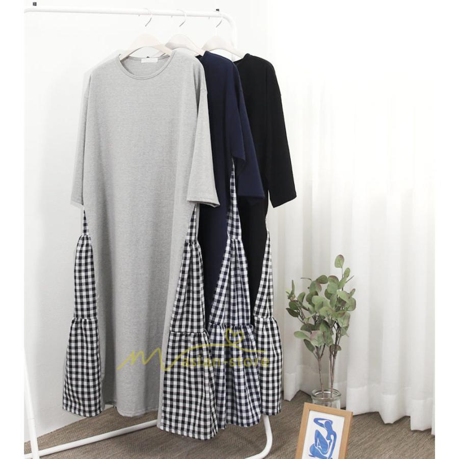 マキシ | ワンピース レディース 40代 ロングワンピース 春夏 切り替え チェック柄 お洒落 長袖 ゆったり カジュアル 通勤 30代 体型カバー 重ね着風 着痩せ 大きいサイズ