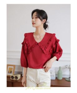 シャツ・ブラウス | トップス ブラウス 七分袖 シャツ きれいめ レディース 夏 白 赤 クルーネック フリル 春夏コーデ オフィス お仕事 通勤 就活 お出かけ ビジネス カジュアル