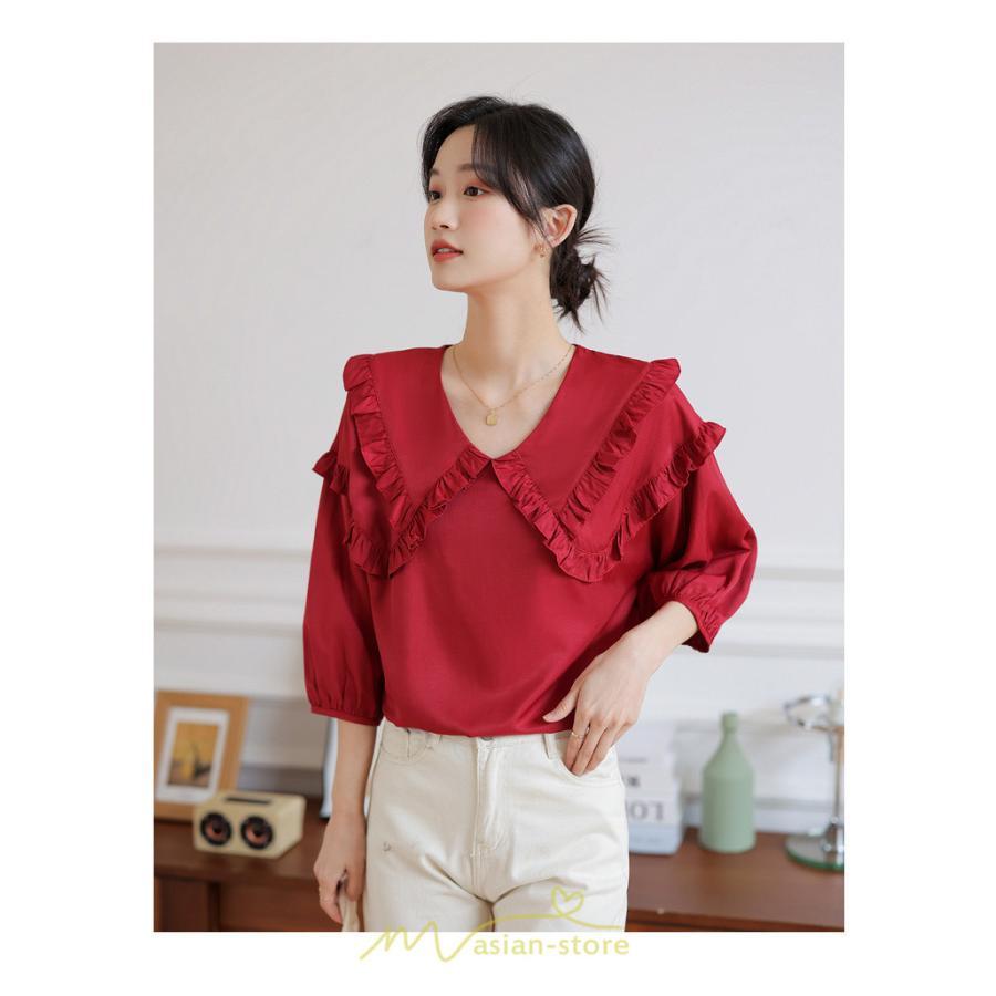 シャツ・ブラウス | トップス ブラウス 七分袖 シャツ きれいめ レディース 夏 白 赤 クルーネック フリル 春夏コーデ オフィス お仕事 通勤 就活 お出かけ ビジネス カジュアル