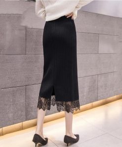 タイトスカート | ストレッチ ミモレ丈 リブ編み リブニットスカート 暖か スリット 裾レース ボトムス ウエストゴム スカート ロングスカート