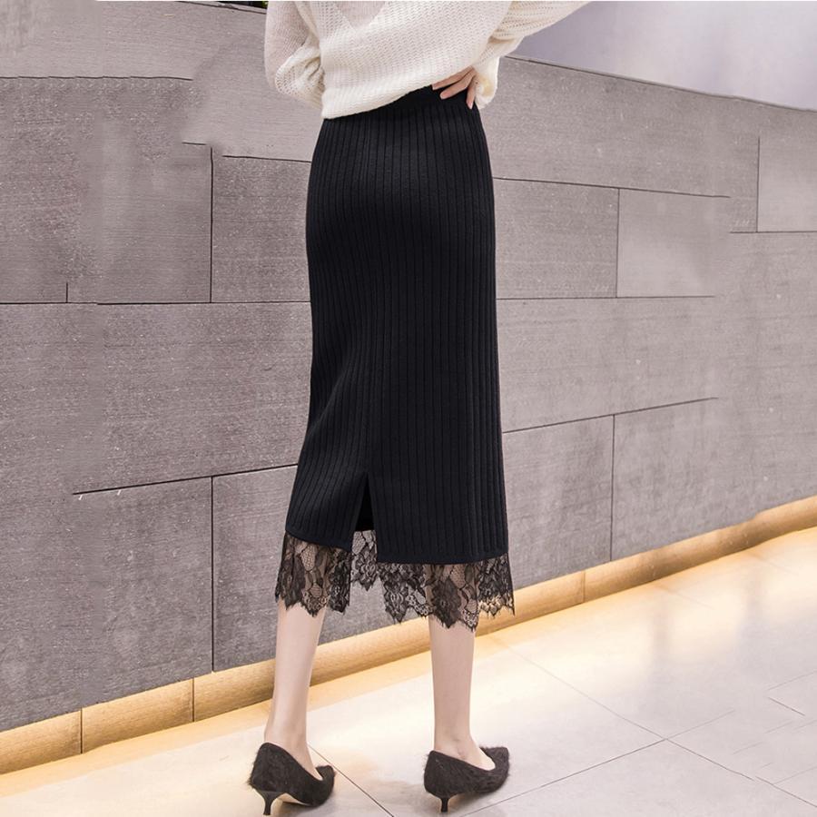 タイトスカート | ストレッチ ミモレ丈 リブ編み リブニットスカート 暖か スリット 裾レース ボトムス ウエストゴム スカート ロングスカート