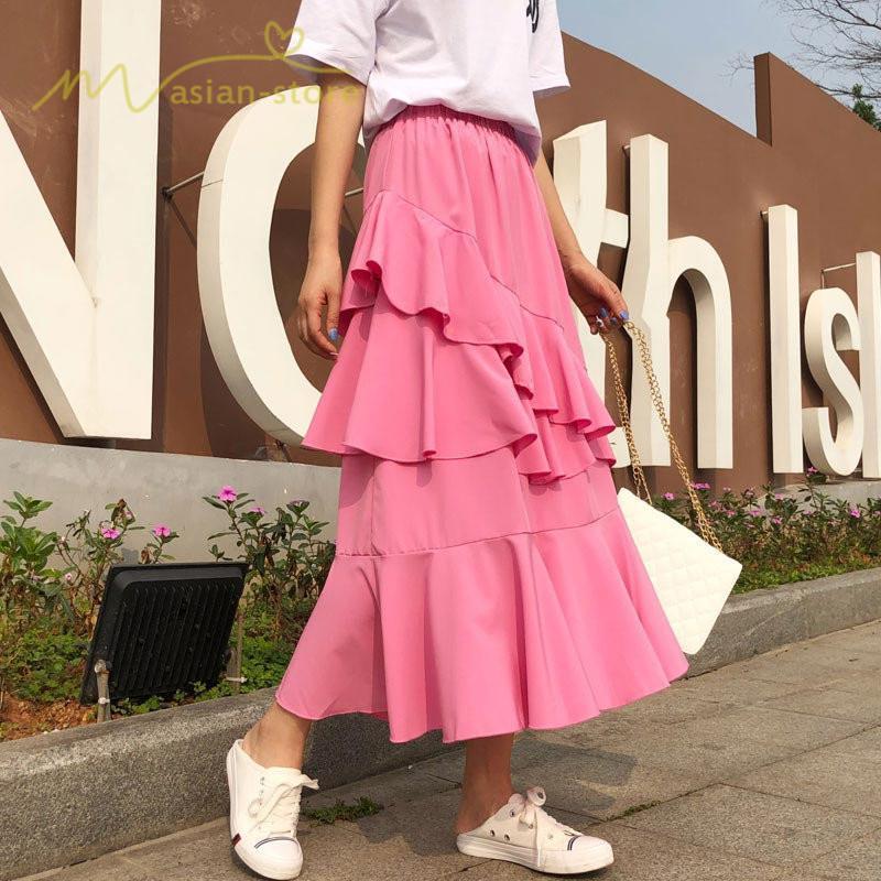 スカート | Aライン フレア裾 不規則アシンメトリー シフォン 韓国風 ティアード フリーサイズ 2020夏コーデ プリーツフレア ウエストゴム ハイウエスト