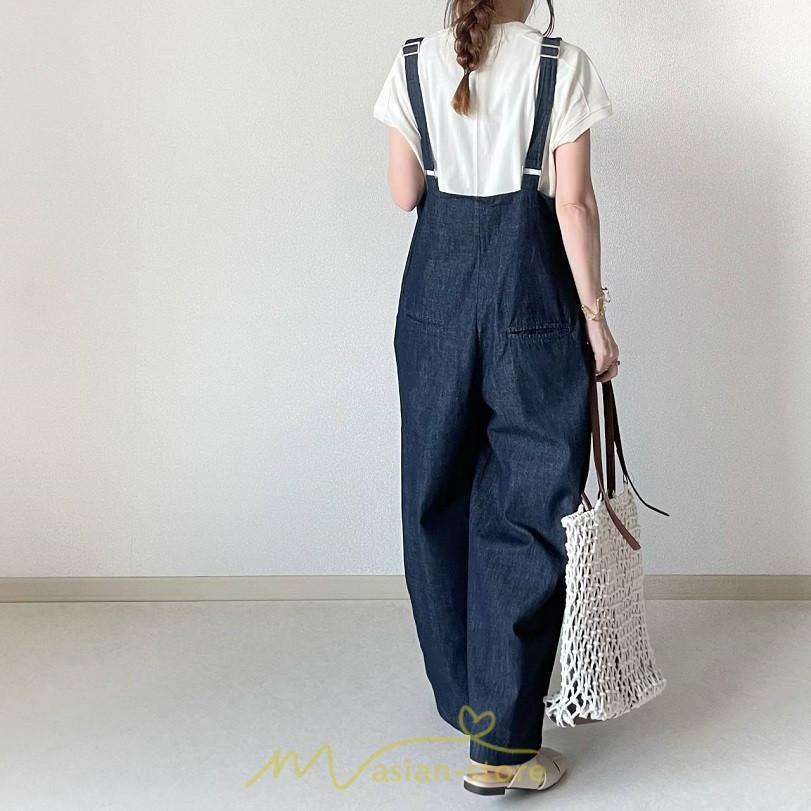 オーバーオール サロペット | サロペット レディース デニムサロペット デニムパンツ 大人 無地 ひも調整可 ワイドパンツ ストレート Denim デニム Vネック カワイイ ノースリーブ 通学通勤