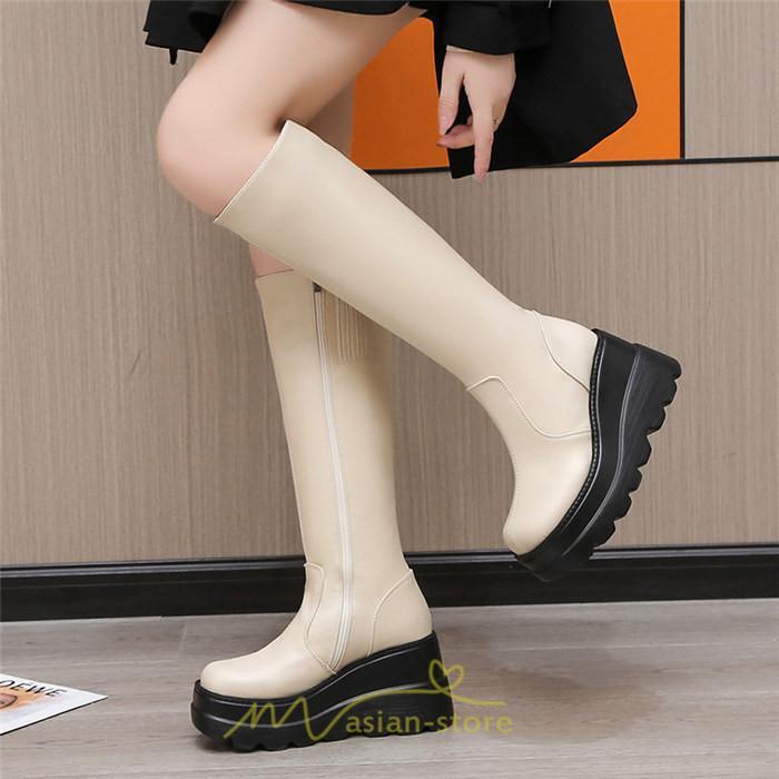 ロングブーツ | レディース ブーツ 厚底 歩きやすい 痛くない 定番 カジュアル 人気ブーツ ファスナー 黒 ブラック シンプル 美脚 おしゃれ 白 オフホワイト