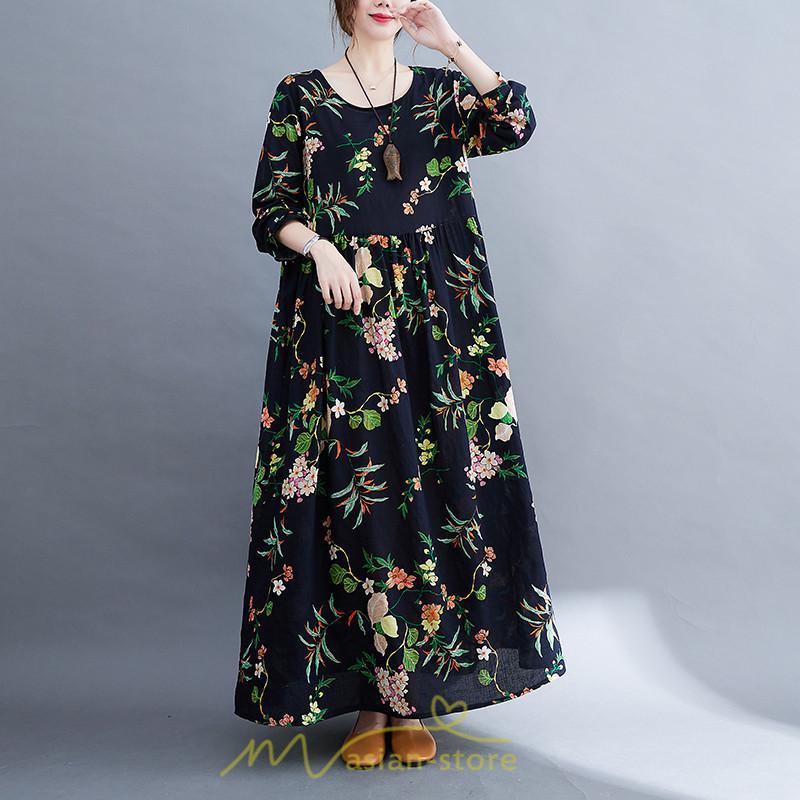 マキシ | 長袖ワンピース 秋物 レディース ロングワンピース 花柄 夏 30代40代 大人 秋ワンピース 新作 ワンピース Aラインワンピ ゆったり 旅行 広い裾 可愛い 揺れる