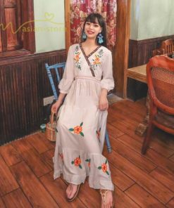 マキシ | ワンピース レディースワンピース 春夏 マキシワンピース ハイウエスト 長袖 二次会 通勤 OL 40代 着痩せ 刺繍 Vネック Aライン カジュアル エスニック 4色