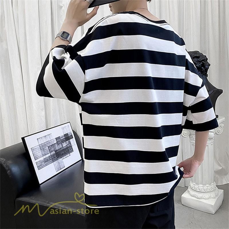 Tシャツ | カットソー 半袖トップス メンズボーダー カジュアル クルーネック ゆったり 夏新作 夏服 シンプル おしゃれ 大きいサイズ 5分袖