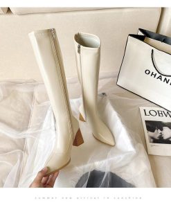 ロングブーツ | ポインテッドトゥレディース チャンキーヒール サイドファスナー バイカラー ミドルヒール 太ヒール 合皮ブーツ ロングブーツ ブーツ 無地