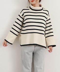 ニット・セーター | タートルネックボーダーニットトップス冬服