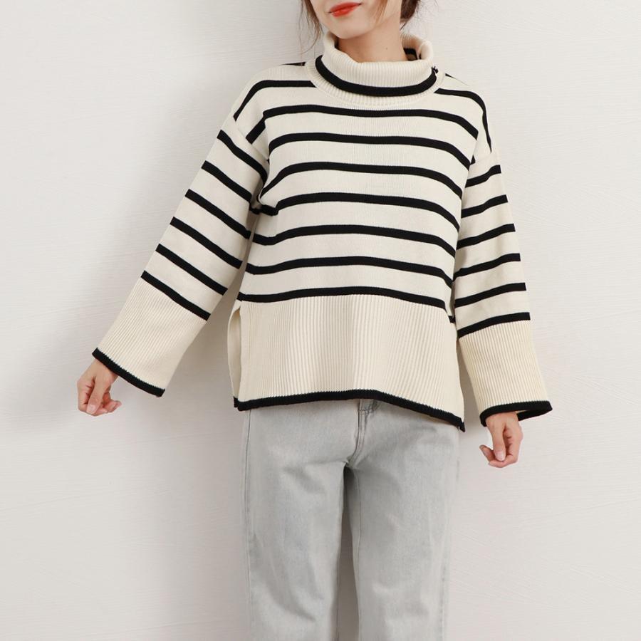 ニット・セーター | タートルネックボーダーニットトップス冬服