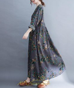マキシ | ワンピース レディース 長袖 ロング カジュアル 花柄プリント 大きいサイズ  ぽっちゃり 着痩せ 上品 新作 丸首 秋 Aライン 夏 20代30代40代50代 レトロ風