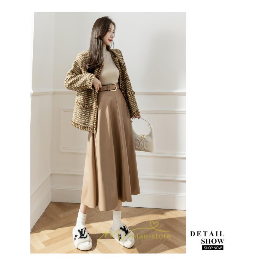 スカート | レザーフレアロング レディース ベルト付き ボトムス ロングAライン ミモレ丈 かっこいい 着痩せ キレイめ スリット